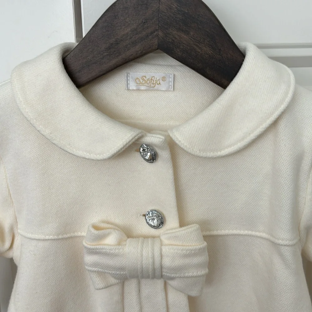 Sofija Girl’s Ivory Cotton Dress Coat with Crystal Buttons - 86cm